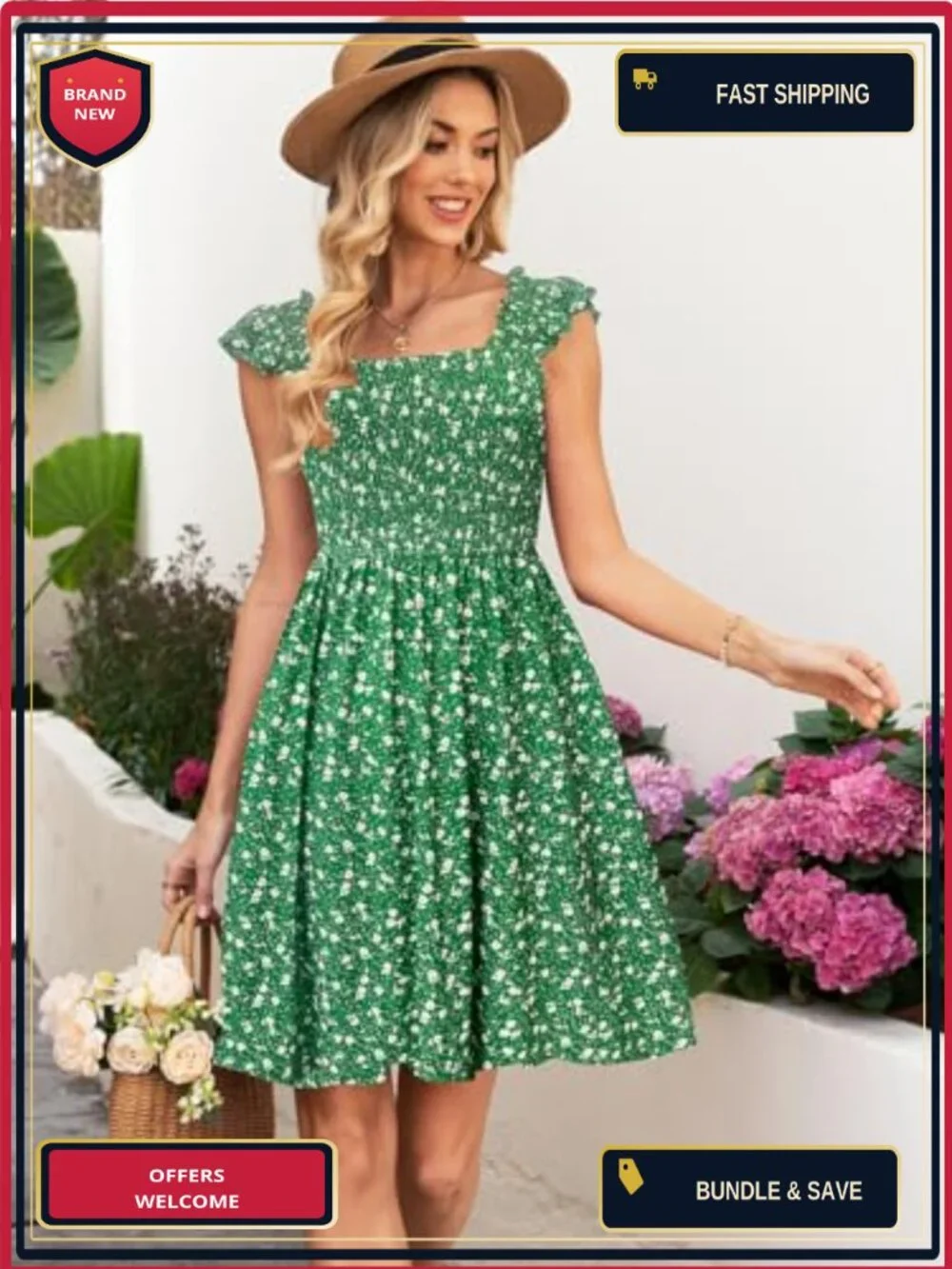 Sleeveless Square Neck Smocked Floral Sundress A-Line Boho Beach Dress